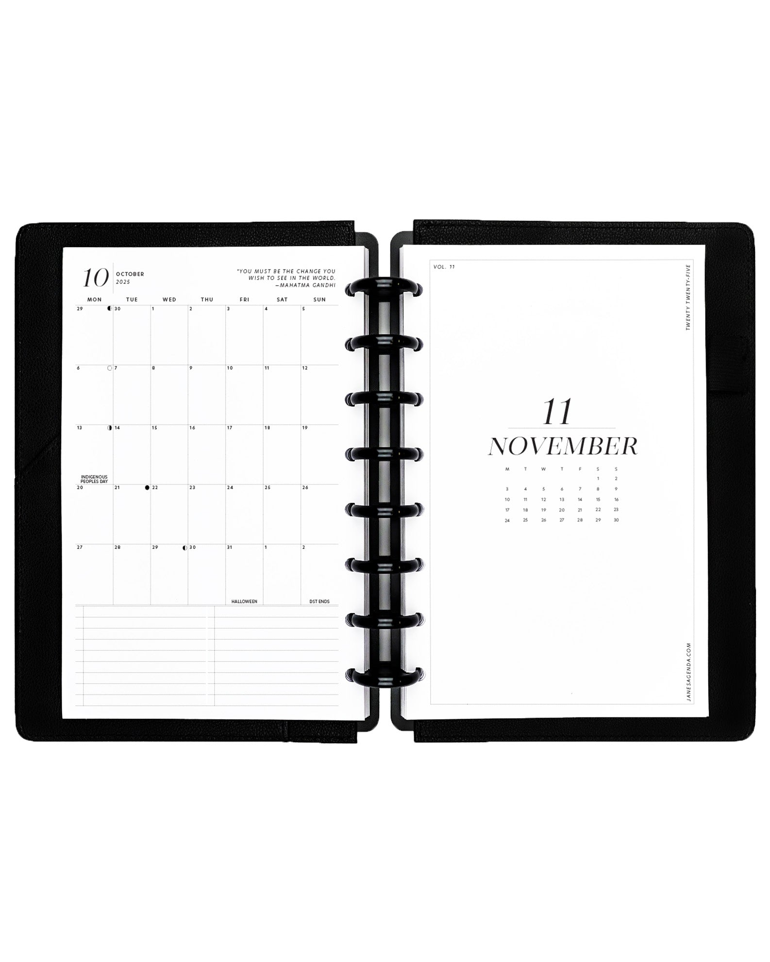 Monthly calendar on one page planner inserts and refill pages for discbound planners, disc notebooks, and A5 size ringbound planner systemes and agendas by Jane's Agenda.