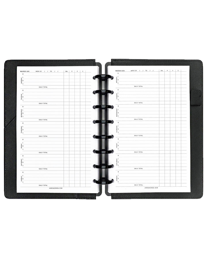 Macros log planner inserts to log your diet and weight loss journey in your discbound planner, disc notebook, or A5 size planner binder system by Jane's Agenda.