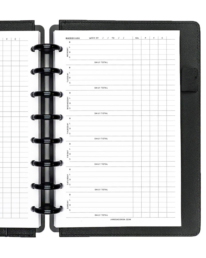 Macros log planner inserts to log your diet and weight loss journey in your discbound planner, disc notebook, or A5 size planner binder system by Jane's Agenda.