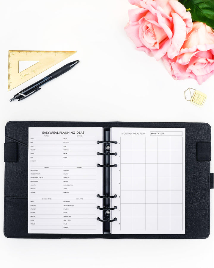 Monthly meal planning planner inserts for discbound and six ring planner systems by Jane's Agenda.