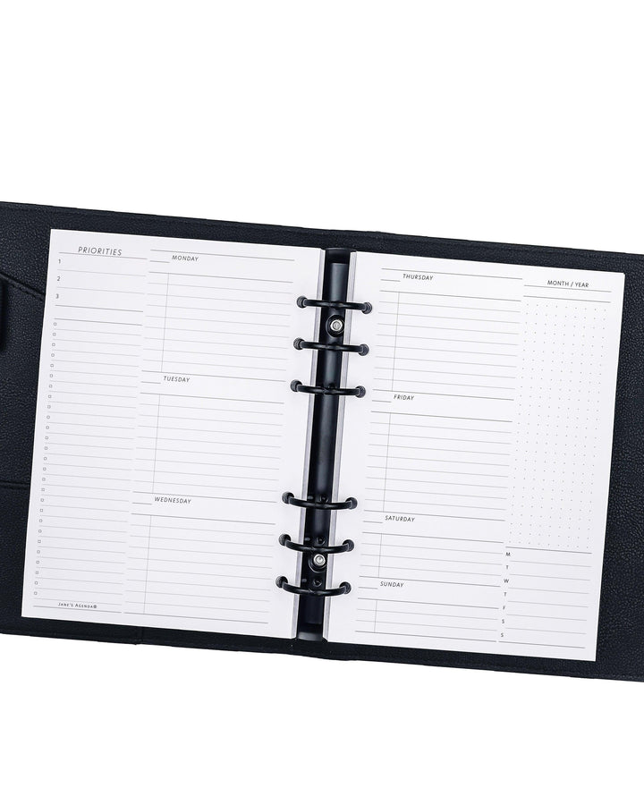 Undated weekly planner inserts for discbound and six ring planner systems and planners by Janes Agenda.