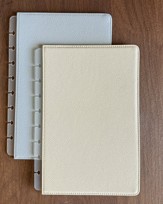 Jane's Agenda sand beige and light blue pebbled vegan leather reversible Discbound Planner Cover — two-in-one interchangeable Planner Cover for Discbound Planning systems