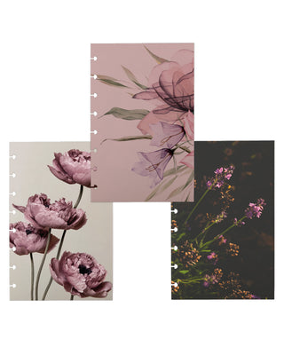 Jane's Agenda three-piece floral Planner Dashboard collection for Discbound Planning — botanical watercolor, pink peony, and dark lavender Dashboards for customizable Discbound Planner Refills system