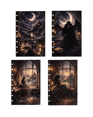 Four dashboards consisting of two princesses looking out of a window and two dark night themed images.