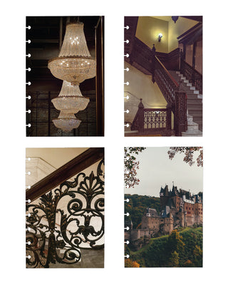 A four-panel collage of interior and architectural scenes printed on discbound cardstock dashboards: stacked crystal chandeliers, a staircase with ornate railings, a close-up of decorative iron railing, and a castle on a hillside. The panels are arranged in a 2x2 grid on a white background.