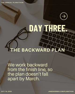Promotional graphic for Jane’s Agenda’s Annual Planathon featuring “Day Three: The Backward Plan.” Text reads, “We work backward from the finish line, so the plan doesn’t fall apart by March.” The background shows a laptop, glasses, notebook, pen, and coffee on a desk. Event dates are October 7–9, 2026, with janesagenda.com/planathon displayed at the bottom.