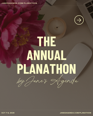 Promotional graphic for Jane’s Agenda’s Annual Planathon featuring the event title over a warm desk scene with bright pink flowers, a candle, computer mouse, and laptop. The Annual Planathon takes place October 7–9, 2026, with janesagenda.com/planathon displayed at the top and bottom.