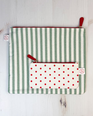 Zipper pouch set of two canvas zip bags — large green stripe and small red polka dot design with coordinating red zippers, by Jane's Agenda