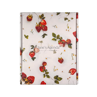 April 2026 monthly planner subscription box with strawberry patterns on the outside.