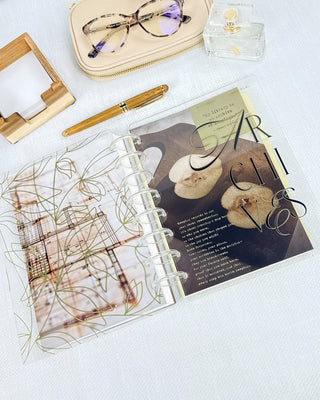 open discbound planner cover on binding discs with other desk accessories on a gray background.