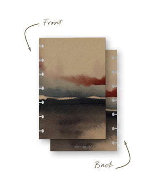 Front and back view of a removable discbound planner dashboard featuring an abstract watercolor landscape in warm beige, charcoal, soft gray, and muted rust tones. The coordinating back continues the same painterly design with subtle Jane’s Agenda branding.
