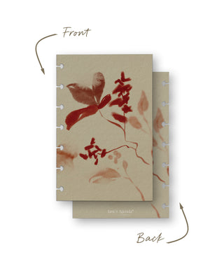 Front and back view of a removable discbound planner dashboard featuring soft watercolor botanical artwork in warm crimson, terracotta, and blush tones on a creamy beige background. The coordinating back continues the delicate floral design with subtle Jane’s Agenda branding