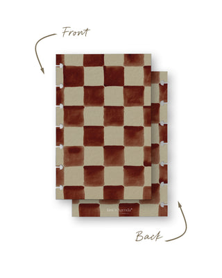 Front and back view of a removable discbound planner dashboard featuring a hand-painted watercolor checkerboard pattern in rich terracotta and warm cream tones. The coordinating back continues the checkered design seamlessly and includes subtle Jane’s Agenda branding near the bottom.