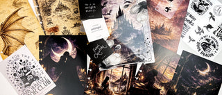 Flat lay of a dark fantasy planner collection featuring dragon anatomy artwork, an illustrated fantasy map, gothic castle dashboards, moonlit landscapes, romantic silhouette scenes, bookish quote cards, dragon-themed stickers, and coordinating planner accessories in rich black, sepia, purple, and bronze tones.