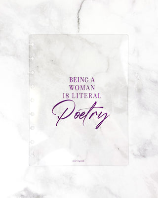 Discbound planner clear snap on cover with embossed purple quote – Jane's Agenda "Being a Woman is Literal Poetry"