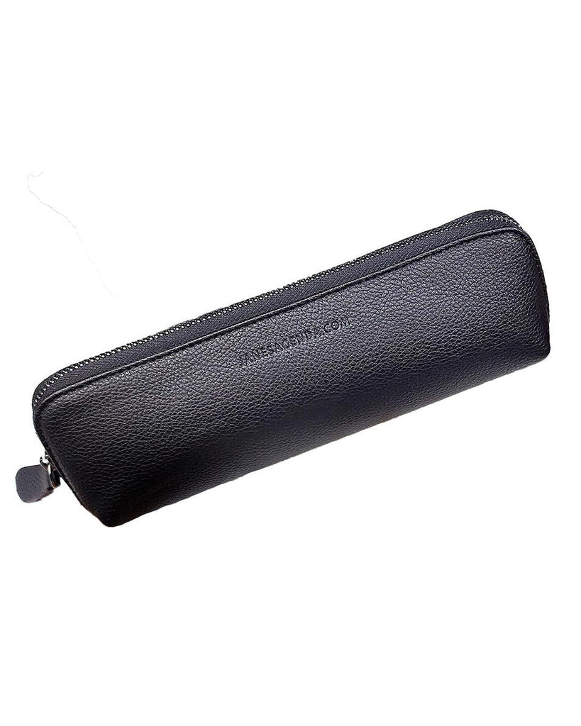 Black vegan leather pen pouch with a gun-metal zipper for holding all your pens and planner accessories by Jane's Agenda.