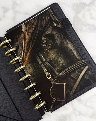 Black discbound planner with a decorative planner dashboard of a close up of a black horse and champagne color metal binding discs.