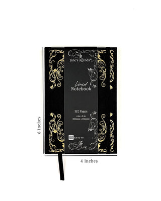 Black hardcover lined notebook with elegant gold floral scrollwork, elastic closure, and ribbon bookmark. Product band indicates 192 lined pages and dimensions of 4 × 6 inches.