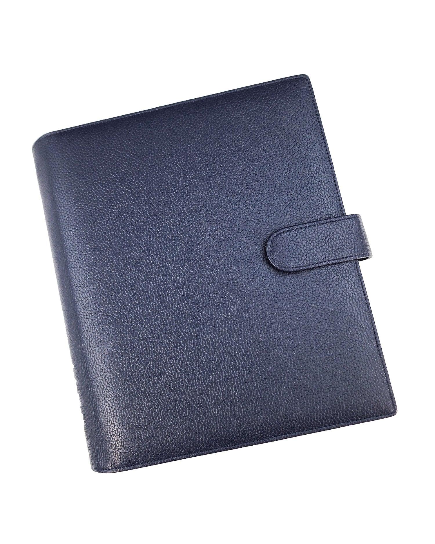 Midnight blue vegan leather wrap around planner cover for discbound planners by Jane's Agenda.