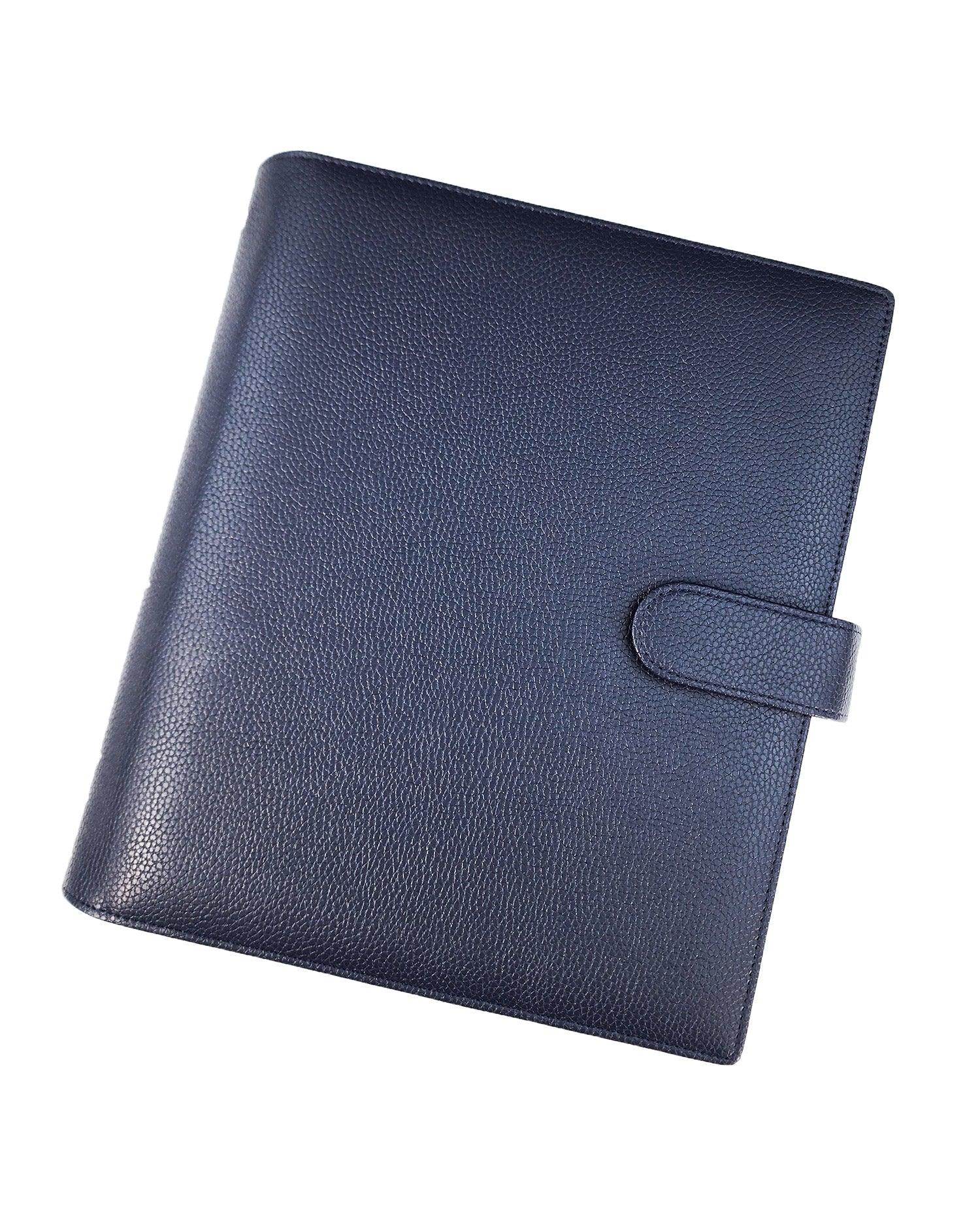 Midnight blue vegan leather wrap around planner cover for discbound planners by Jane's Agenda.