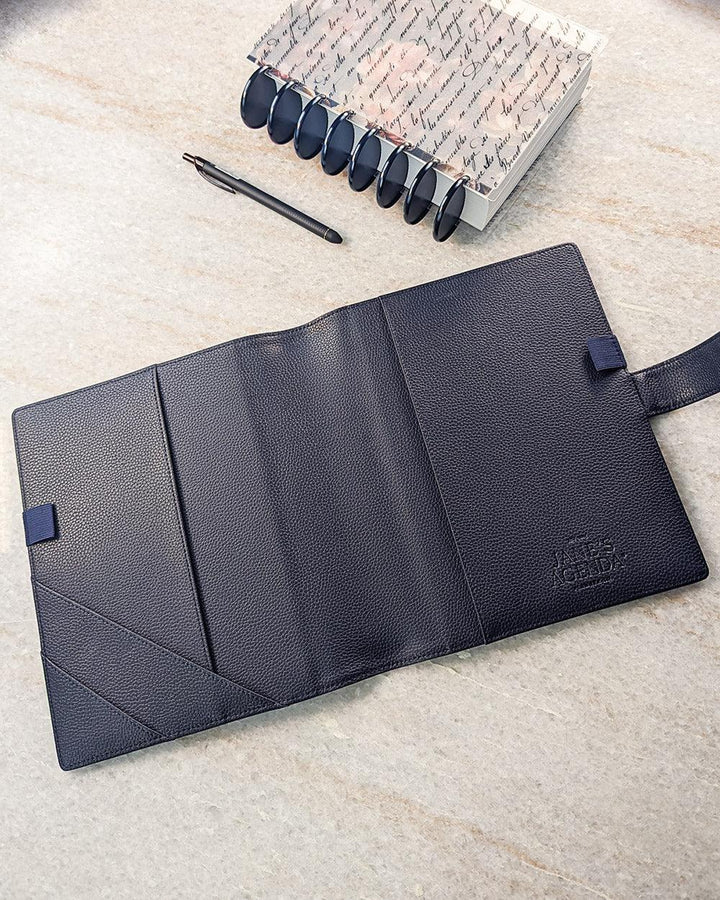Midnight blue vegan leather discbound planner cover for discbound planners and disc notebook systems by Jane's Agenda.