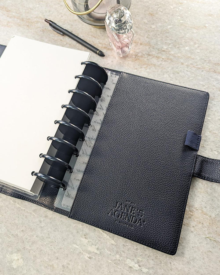 Midnight blue vegan leather discbound planner cover for discbound planners and disc notebook systems by Jane's Agenda.