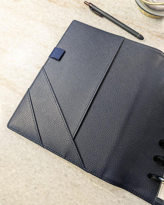 Midnight blue vegan leather planner cover for discbound planners and disc notebook systems by Jane's Agenda.