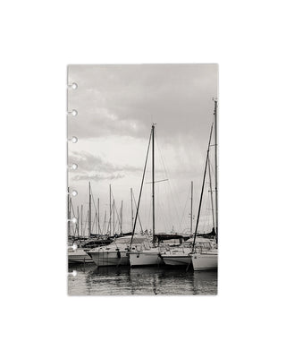 Black and white image of docked sailboats at a marina on a white background.