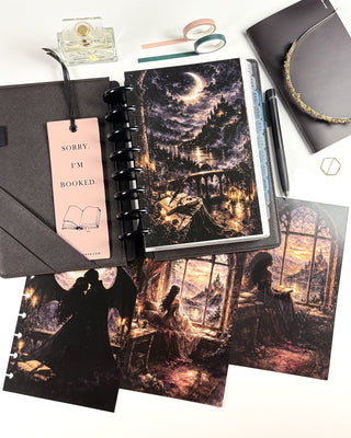 Four dashboards consisting of two princesses looking out of a window and two dark night themed images, with one of the night themed dashboards applied to the planner.