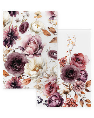 Two Jane’s Agenda discbound planner dashboards featuring elegant watercolor floral designs. One showcases an all-over arrangement of burgundy, mauve, blush pink, and ivory flowers with warm brown foliage, while the other features a floral bouquet of deep purple and dusty rose blooms, autumn leaves, and berries on a white background. Both have disc-punched edges for easy planner customization.