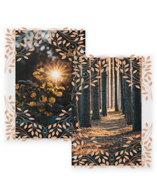 Jane’s Agenda fall-themed discbound planner dashboards featuring two coordinating autumn designs: golden sunlight shining through fall foliage and a peaceful forest pathway lined with tall trees. Both dashboards are layered with an elegant rose gold botanical border of swirling vines and leaves, creating a warm, nature-inspired look with disc-punched edges for easy planner customization.
