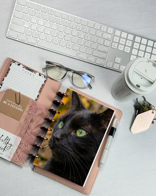Jane’s Agenda discbound planner featuring a close-up dashboard of a black cat with bright green eyes, styled in a soft pink leather cover with rose gold discs. Surrounded by a task list, decorative accessories, white pen, eyeglasses, keyboard, coffee tumbler, and matching pink keychain on a light textured desk.