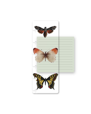 Jane’s Agenda discbound planner pagefinder featuring three detailed butterfly and moth illustrations in black, orange, cream, and yellow on a white background. A pale sage green lined note section is layered behind the pagefinder, creating a nature-inspired design with disc-punched edges for easy planner customization.