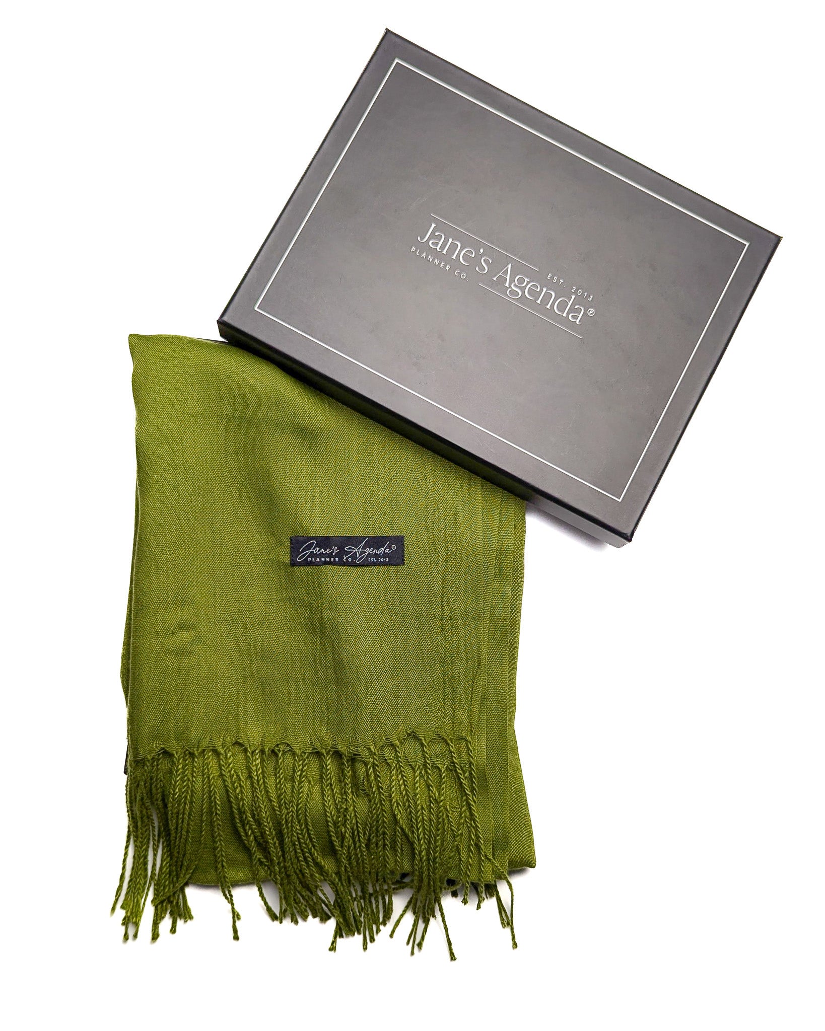 Olive green cashmere pashmina scarf by Jane's Agenda.