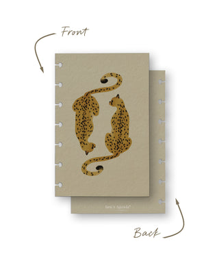 Front and back views of a removable discbound planner dashboard featuring two hand-painted cheetahs on a soft beige background. The front showcases the cheetah illustration, while the coordinating back has a matching neutral beige design.