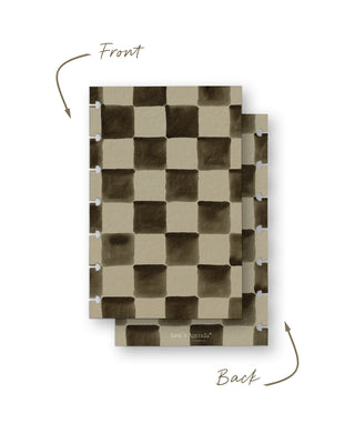 Front and back views of a removable discbound planner dashboard featuring a hand-painted brown and cream checkerboard pattern. Both sides display the coordinating checker design for a seamless look.