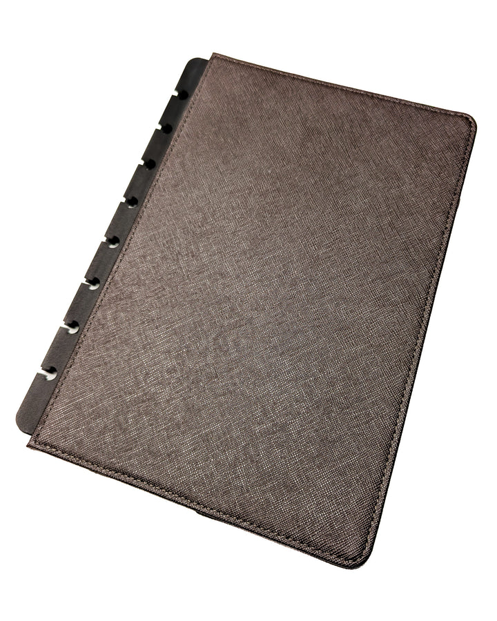 Chocolate saffiano leather discbound planner cover by Jane's Agenda.