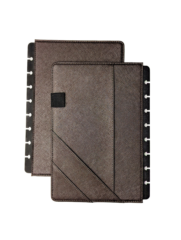 Chocolate saffiano leather discbound planner cover by Jane's Agenda.