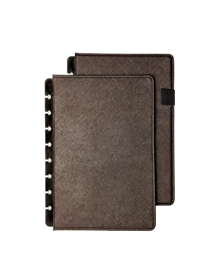 Chocolate saffiano leather discbound planner cover by Jane's Agenda.