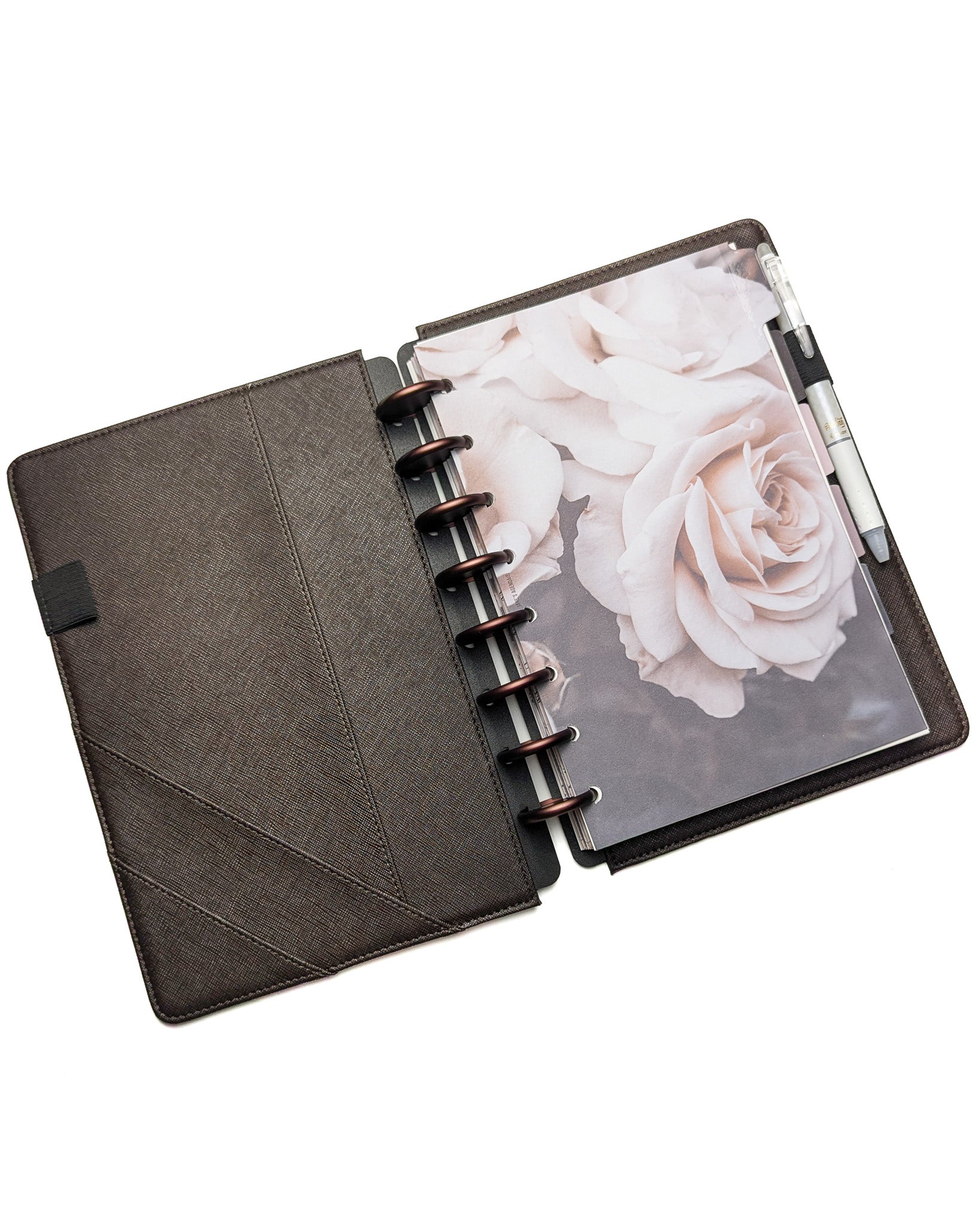 Chocolate saffiano leather discbound planner cover by Jane's Agenda.