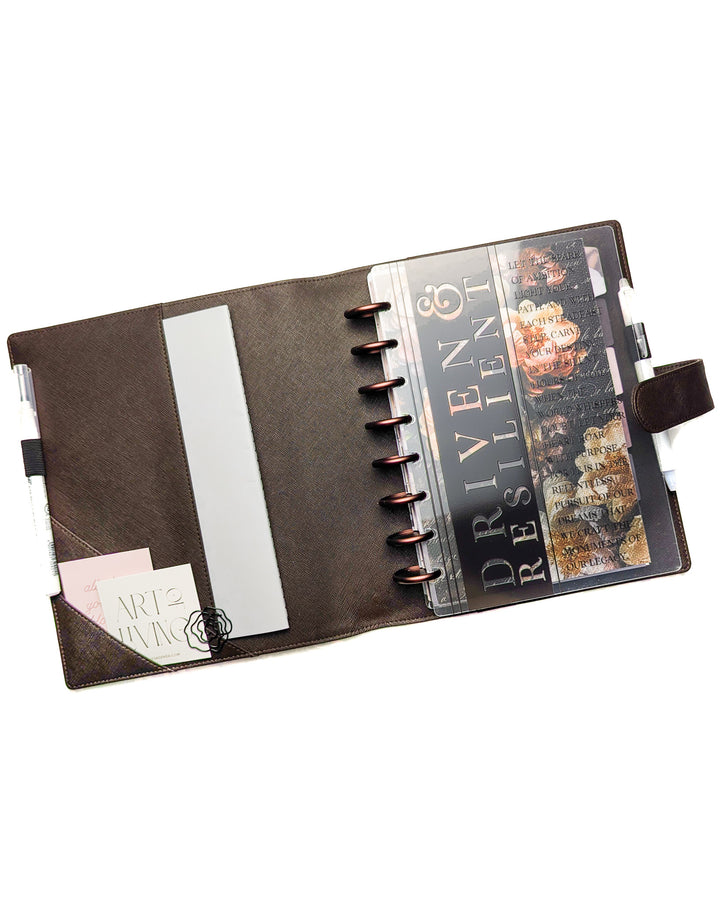 Discbound chocolate saffiano leather planner cover by Jane's Agenda.