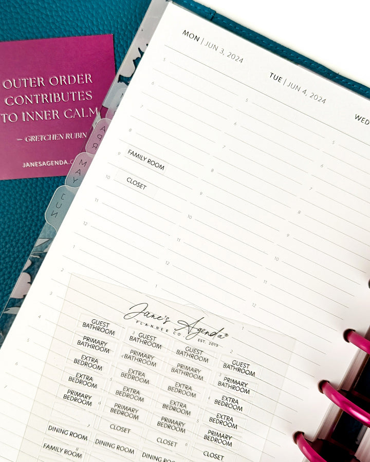 Adhesive planner stickers for cleaning and using in your planner pages by Jane's Agenda.