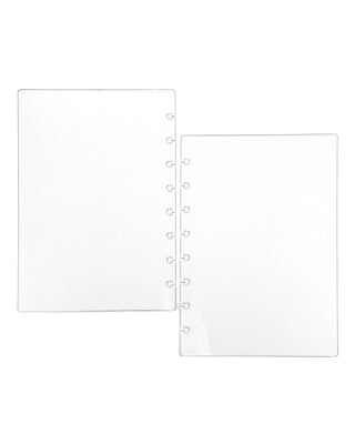 Two transparent frosted plastic planner dashboards displayed flat against a white background, shown in two different discbound sizes. Each dashboard features rounded corners, precision-cut mushroom punches for disc binding, and a clean minimalist design ideal for protecting planner pages or creating custom dividers.