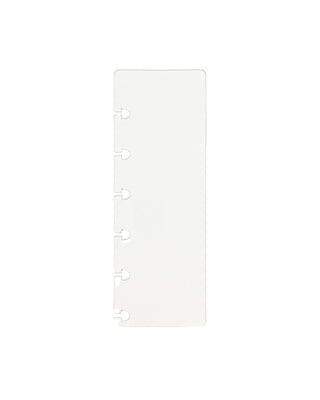 A blank, transparent white plastic page finder with discbound punches on the left side, shown against a solid white background.