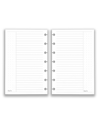 Blank lined disc-bound planner insert with dot grid side margin and page number — commonplace note pages for discbound planner, reference tracking, note organization