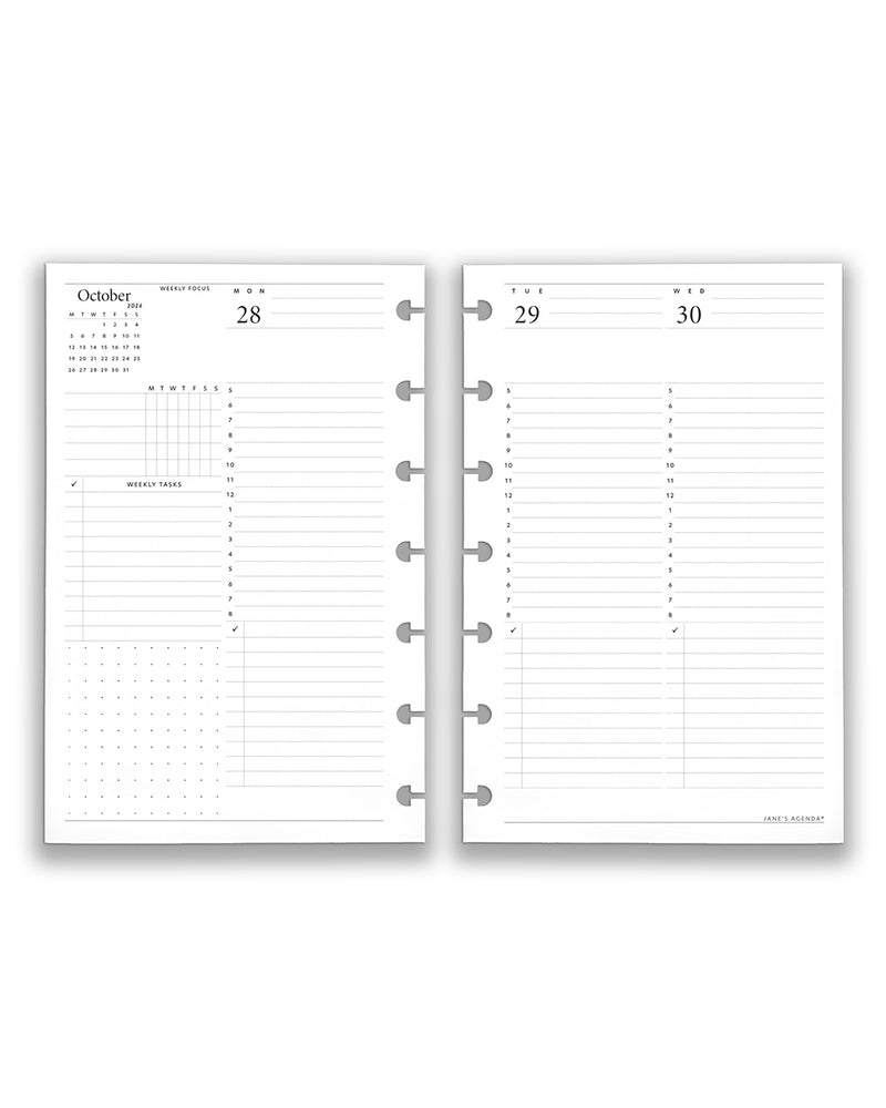 Two discbound punched planner pages showing a daily calendar layout with grid and checklist sections.