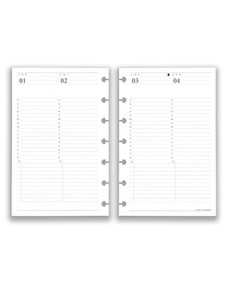 Two discbound punched planner pages showing a daily calendar layout with grid and checklist sections.