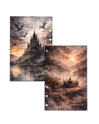 Set of two dark fantasy planner dashboards featuring a towering gothic castle surrounded by flying dragons above a reflective lake and an ornate jeweled crown resting on mist-covered stone at sunrise. Rich charcoal, bronze, and warm amber tones create a dramatic, fantasy-inspired collection perfect for book lovers and planners.