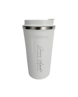 Stainless steel white travel mug with white lid on a white background
