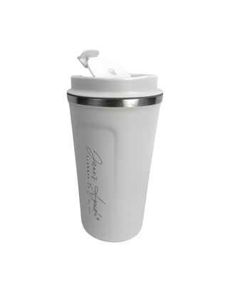 Stainless steel white travel mug with white lid on a white background